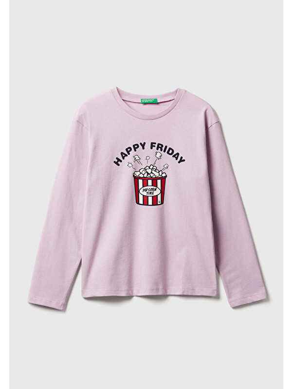 United Colors Of Benetton Kız Çocuk Lila Önü Baskılı Ribana Yakalı Relaxed Fit Uzun Kollu T-shirt