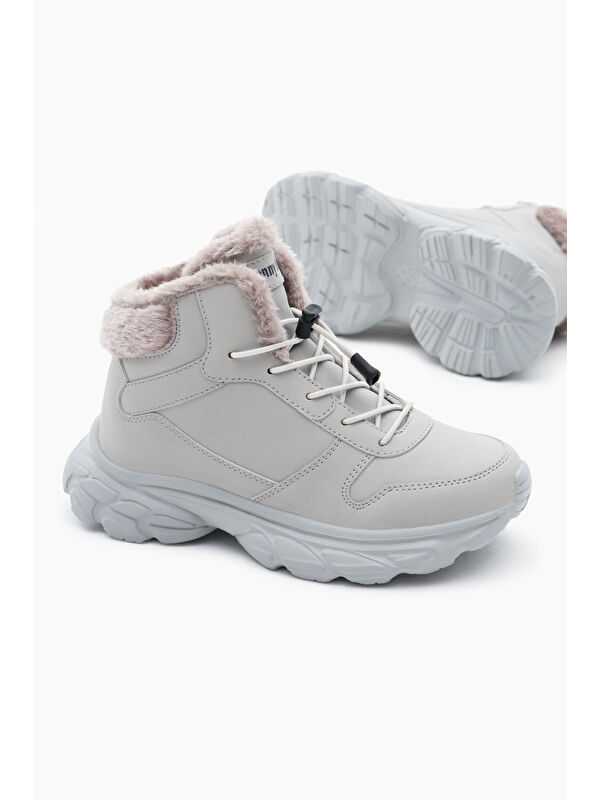 Çocuk Unisex Gri Faylon Taban İçi Kürklü Lastik Bağcıklı Bot - Görsel 5
