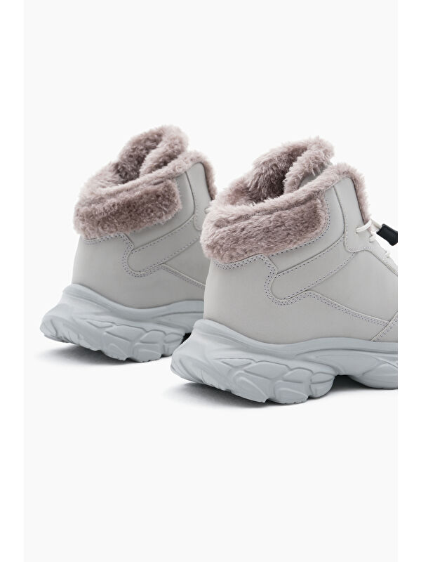 Çocuk Unisex Gri Faylon Taban İçi Kürklü Lastik Bağcıklı Bot - Görsel 6