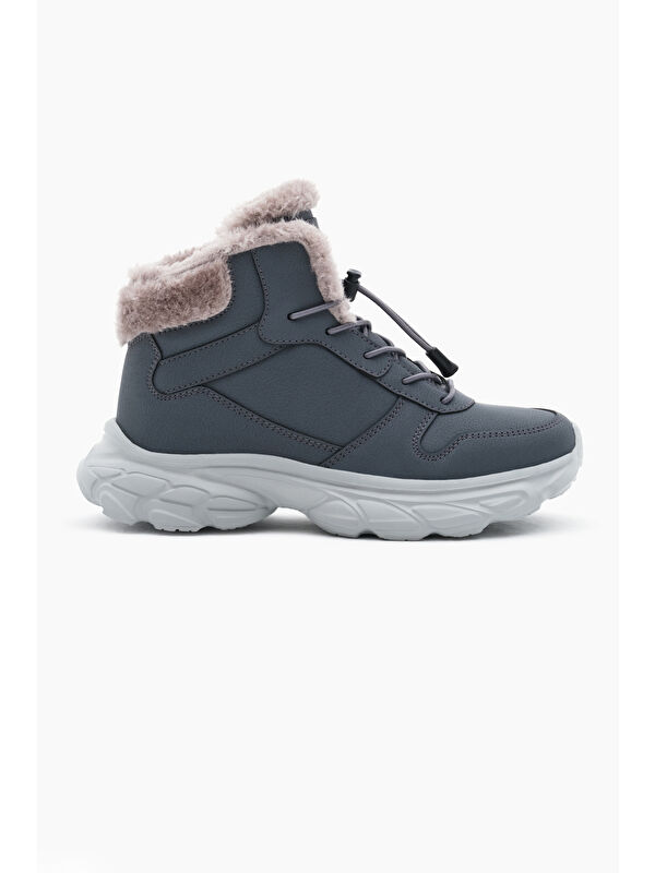 Çocuk Unisex Füme Faylon Taban İçi Kürklü Lastik Bağcıklı Bot - Görsel 3