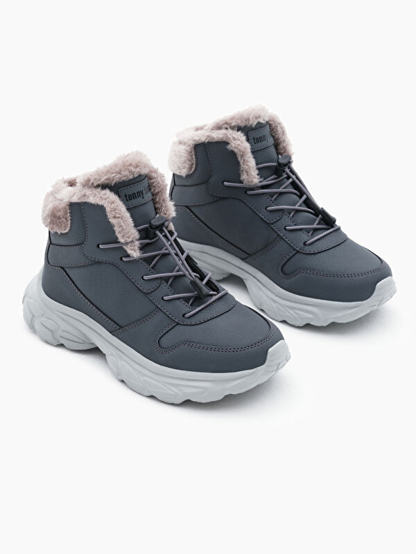 Çocuk Unisex Füme Faylon Taban İçi Kürklü Lastik Bağcıklı Bot - Görsel 4