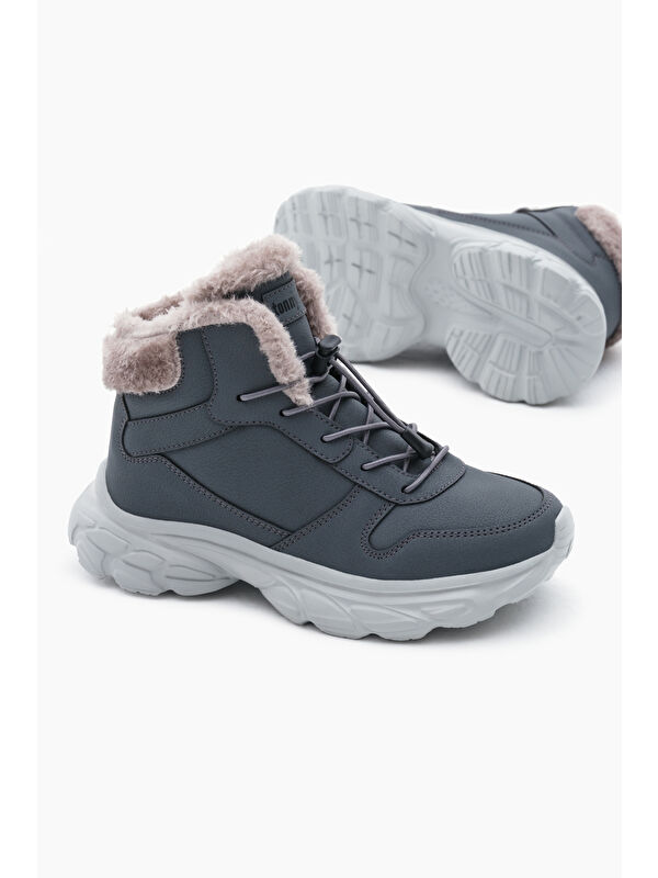 Çocuk Unisex Füme Faylon Taban İçi Kürklü Lastik Bağcıklı Bot - Görsel 5