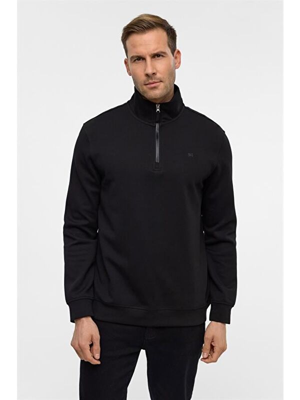 Süvari Siyah Regular Düz Yarım Balıkçı Yaka Sweatshirt