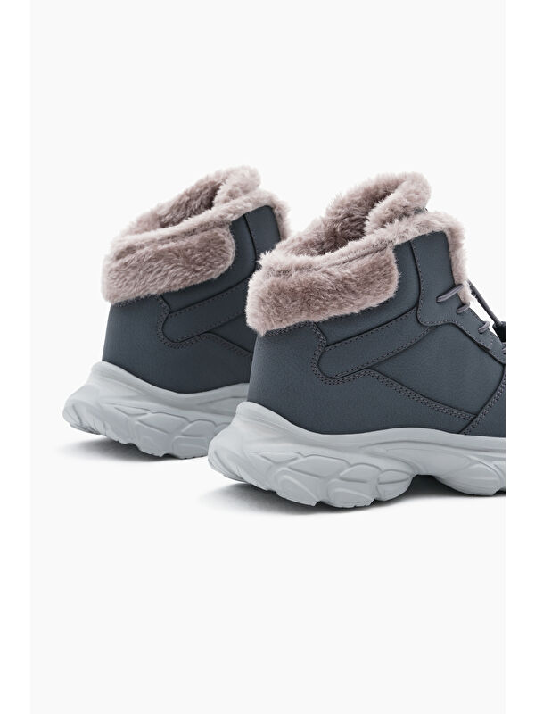 Çocuk Unisex Füme Faylon Taban İçi Kürklü Lastik Bağcıklı Bot - Görsel 6