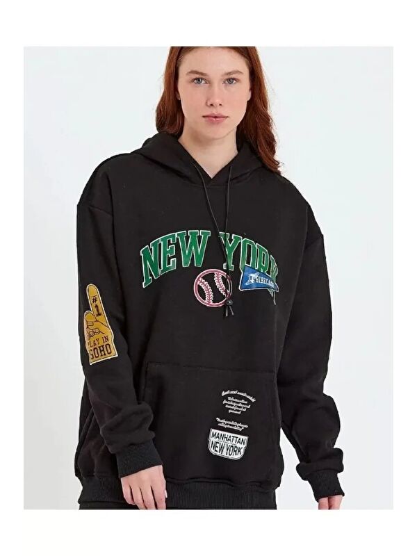 Jane's Baskılı Kapüşonlu Sweatshirt - Siyah