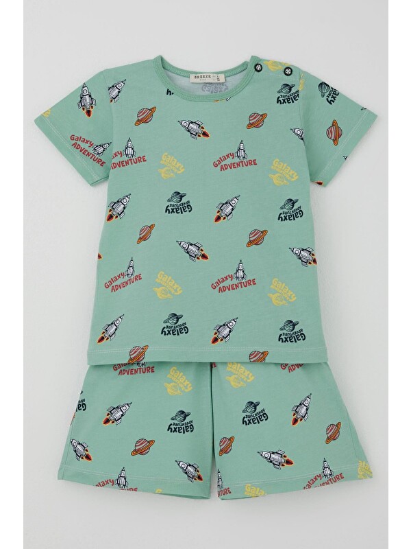 Breeze Erkek Bebek Şortlu Pijama Takımı Galaksi Macerası Temalı Su Yeşili (9 Ay-3 Yaş)