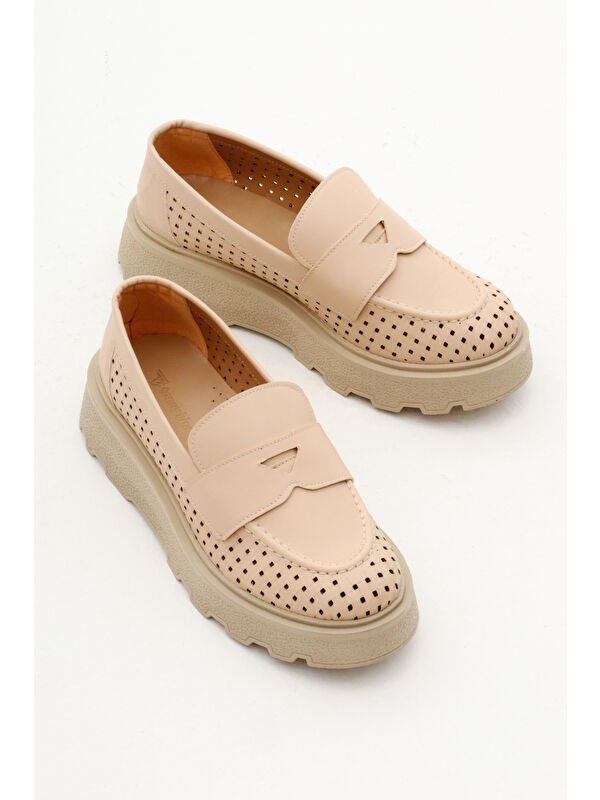 Kadın Ten Rahat Kalıp Kalın Poli Taban Şerit Desenli Loafer - Görsel 4