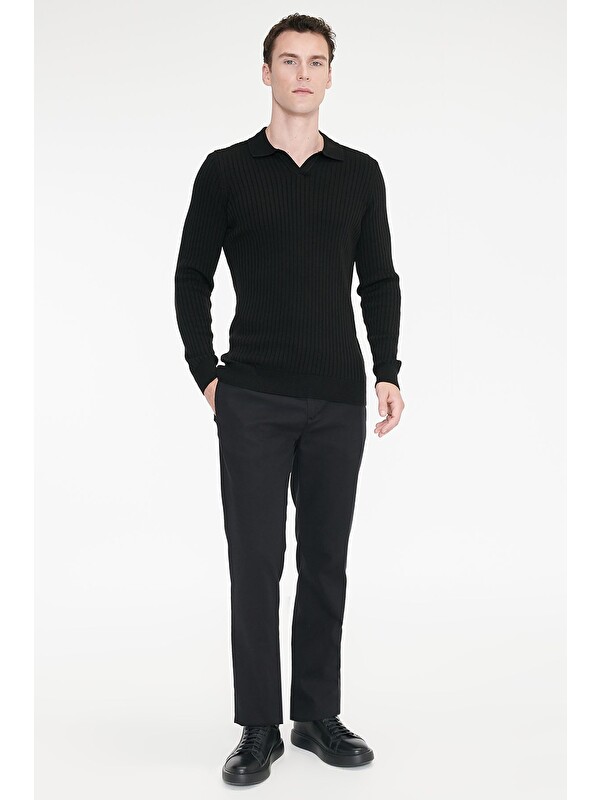 Altınyıldız Classics Erkek Siyah Pamuklu Comfort Fit Yan Cepli Armürlü Casual Esnek Pantolon