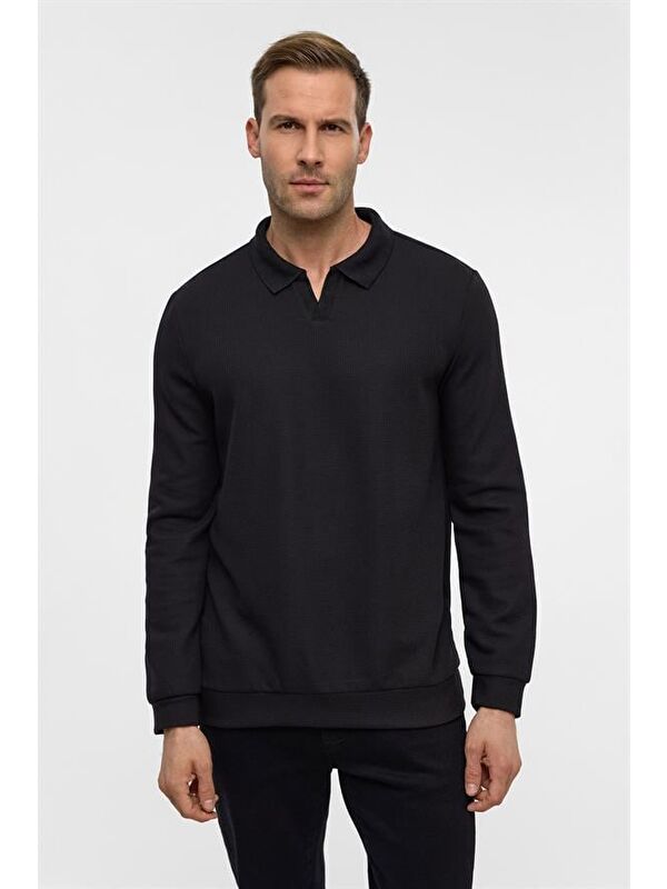 Süvari Siyah Regular Düz Polo Yaka Sweatshirt