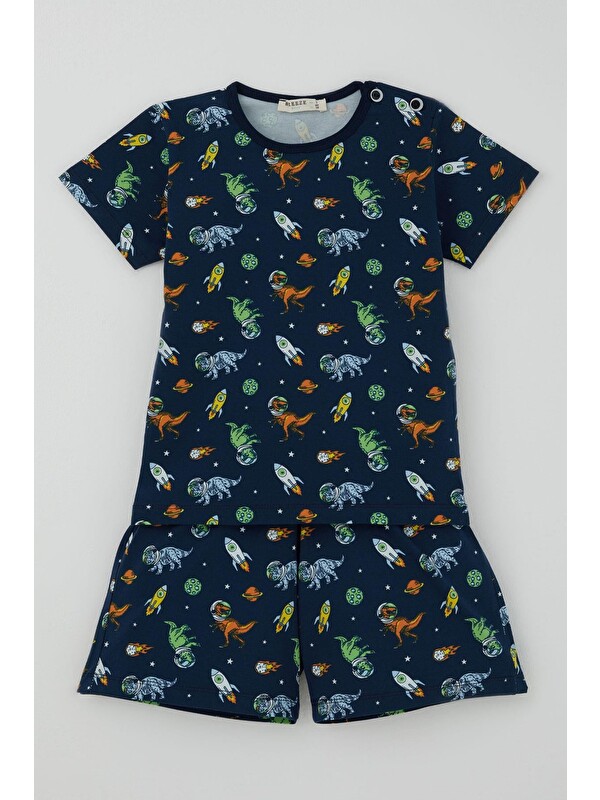 Breeze Erkek Bebek Şortlu Pijama Takımı Uzay Temalı Astronot Dinozor Desenli Lacivert (9 Ay-3 Yaş)