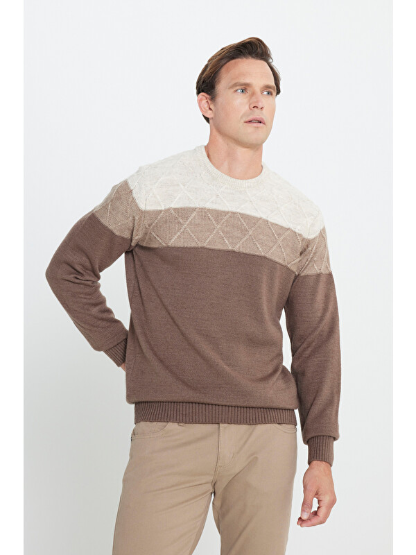 AC&Co / Altınyıldız Classics Erkek Bej-Kahve Standart Fit Normal Kesim Bisiklet Yaka Colorblock Desenli Triko Kazak