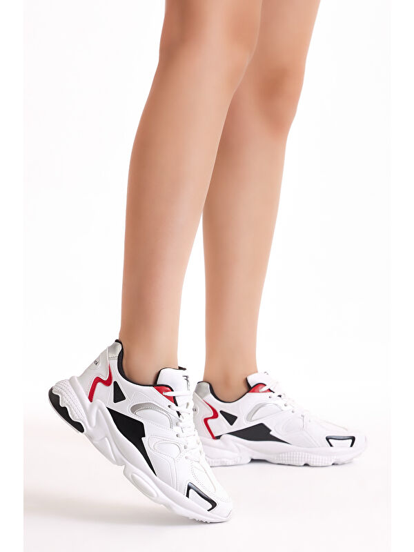 Unisex Beyaz Siyah Rahat Kalıp Yüksek Taban Bağcıklı Spor Ayakkabı - Görsel 3