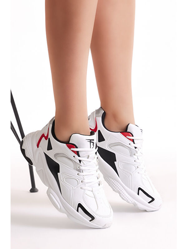 Unisex Beyaz Siyah Rahat Kalıp Yüksek Taban Bağcıklı Spor Ayakkabı - Görsel 4