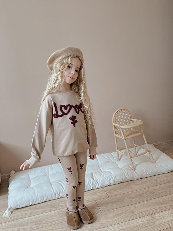 carla10 Kız Çocuk Pamuklu Sweatshirt Tayt İkili Takım Bej