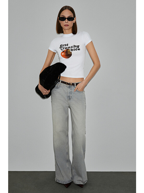 GRIMELANGE LUMIVYA Kadın Organik Pamuklu Bisiklet Yaka Kısa Kollu Baskılı Slim Fit BEYAZ T-Shirt