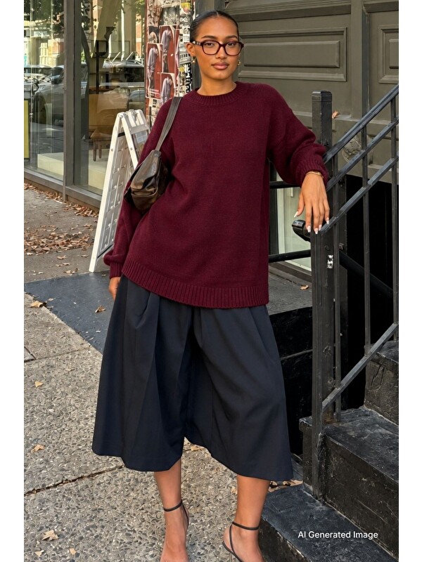 Madmext Bordo Bisiklet Yaka Oversize Uzun Kadın Triko Kazak Mg2890