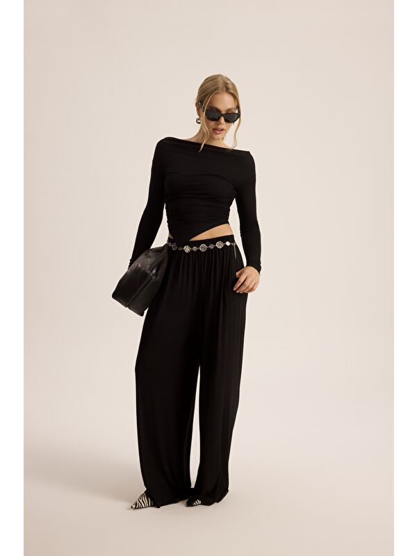 Mai Collection Apolline Üçgen Kesim Siyah Crop Pantolon Takım