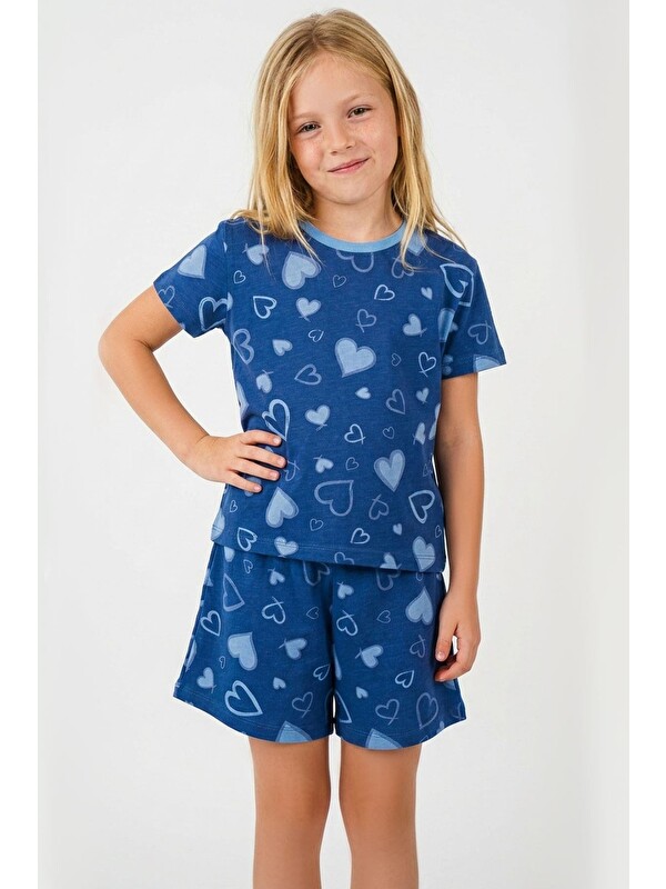 Breeze Kız Çocuk Şortlu Pijama Takımı Kalp Desenli İndigo (4-8 Yaş)