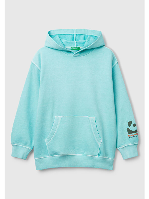 United Colors Of Benetton Erkek Çocuk Turkuaz Baskılı Soluk Efektli Kese Cepli Kapüşonlu Sweatshirt