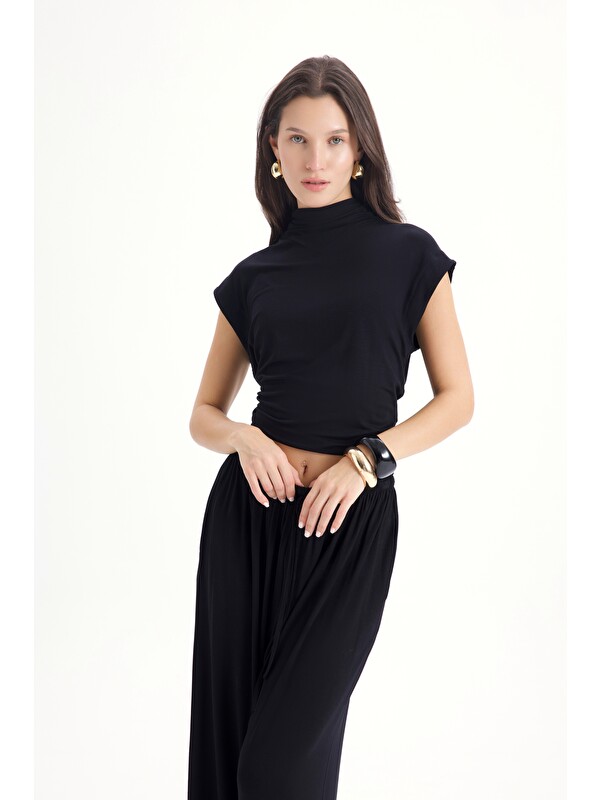 Mai Collection Merlin Bağlamalı Siyah Crop Pantolon Takım