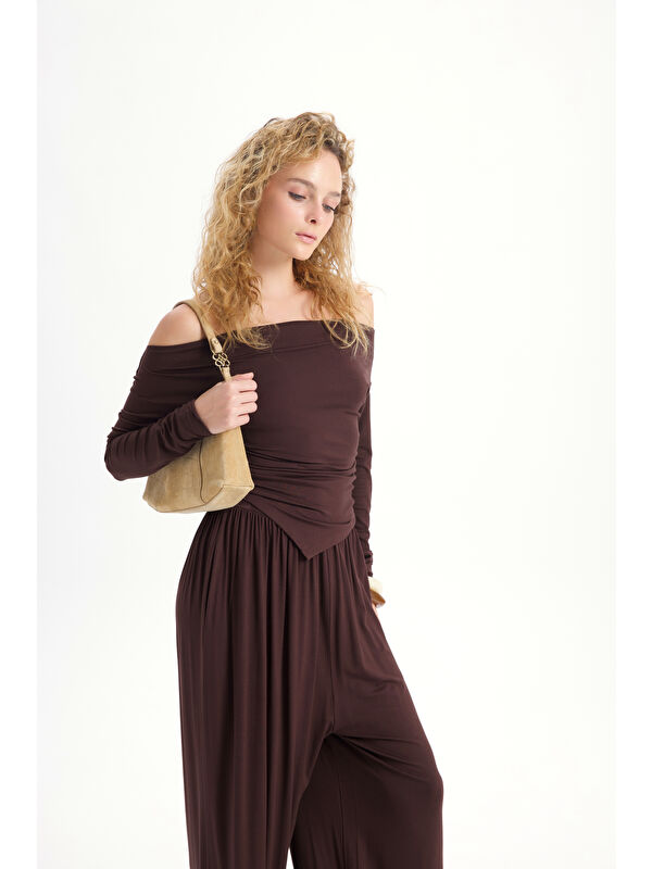 Mai Collection Apolline Üçgen Kesim Kahve Crop Pantolon Takım