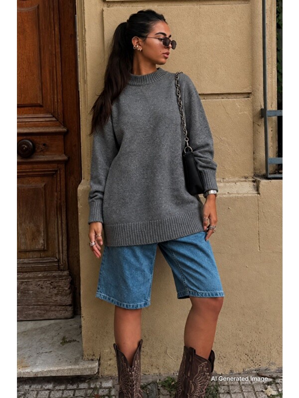 Madmext Antrasit Bisiklet Yaka Oversize Uzun Kadın Triko Kazak Mg2890