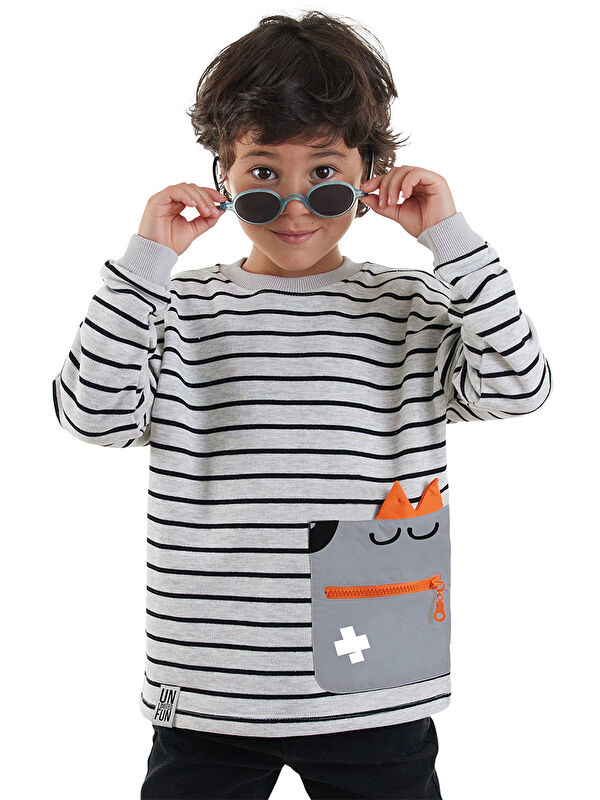 Denokids Cool Oversize Çizgili Gri Erkek Çocuk Sweatshirt