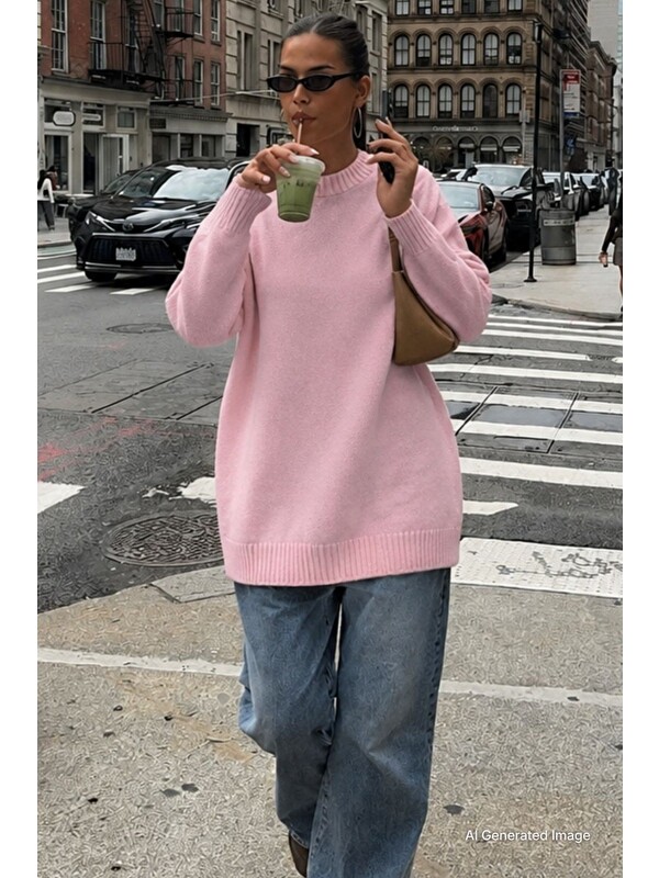 Madmext Pembe Bisiklet Yaka Oversize Uzun Kadın Triko Kazak Mg2890