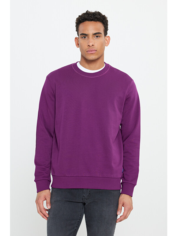 AC&Co / Altınyıldız Classics Erkek Koyu Mor Standart Fit Normal Kesim Bisiklet Yaka Pamuklu Sweatshirt