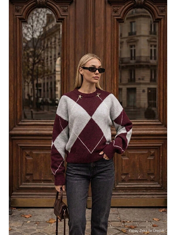 It's Basic Kadın Bordo Gri w6-35 Oversize Baklava Desenli Aksesuar Detaylı Tasarım Triko Kazak