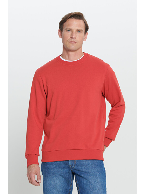 AC&Co / Altınyıldız Classics Erkek Kırmızı Standart Fit Normal Kesim Bisiklet Yaka Pamuklu Sweatshirt