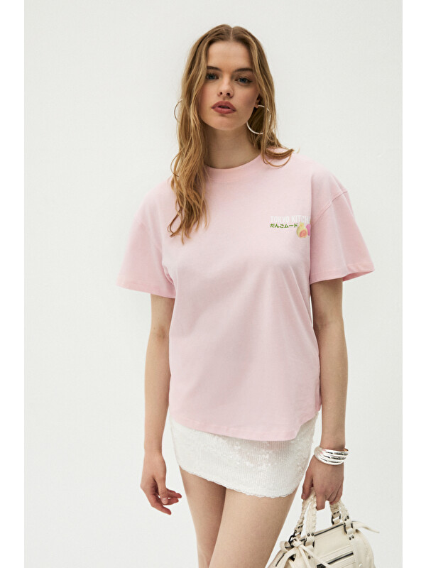GRIMELANGE MOCHI Kadın %100 Organik Pamuklu Yuvarlak Yakalı Baskılı PEMBE T-Shirt