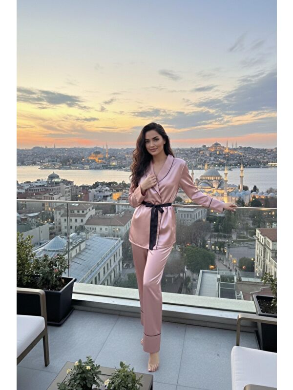 MİSS DÜNYA LİSSA Rose Gold Soft Glow Şal Yaka Uzun Kol Saten Pijama Takımı