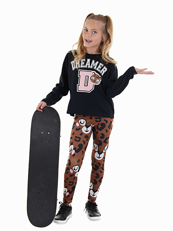 Denokids Leopar Kız Çocuk T-Shirt Tayt Takım