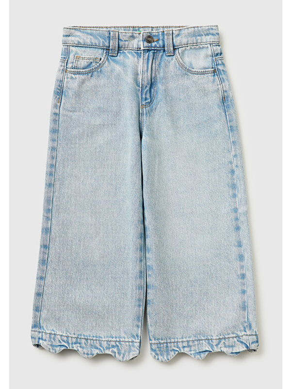 United Colors Of Benetton Kız Çocuk Açık Mavi Arka Cebi Nakışlı 5 Cepli Dalgalı Paça Denim Pantolon
