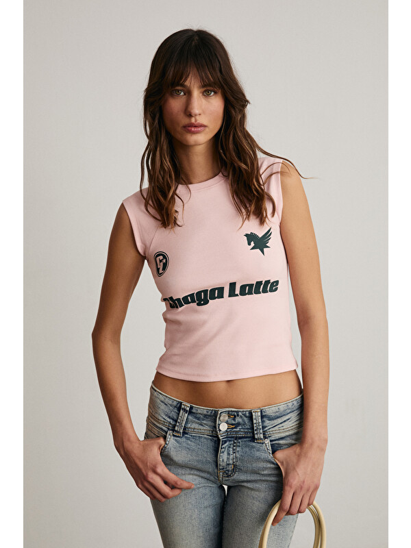 GRIMELANGE EPONA Kadın Yumuşak Ve Esnek Kumaşlı Baskı Detaylı PEMBE T-Shirt