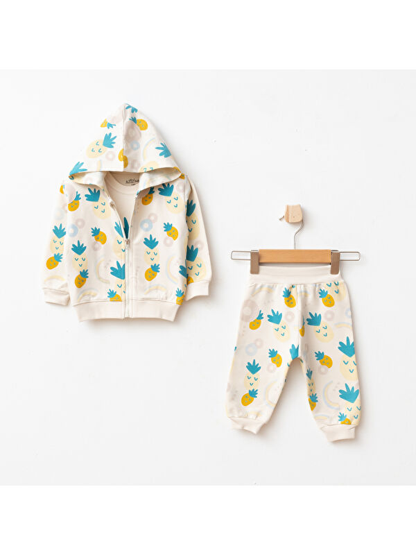 AZİZ BEBE Kız Bebek Ananas Desenli Sweatshirt Pantolon T-shirt 3'lü Alt Üst Bebek Takımı 3Ay - 36Ay