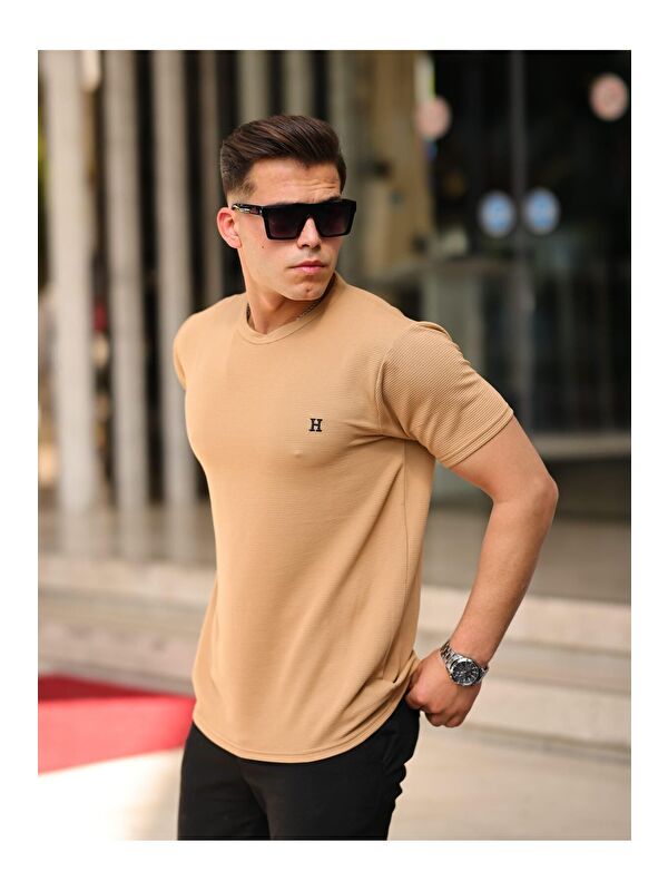 Comstar Erkek Slim Fit Waffle Kumaş Sıfır Yaka Nakışlı T-shirt