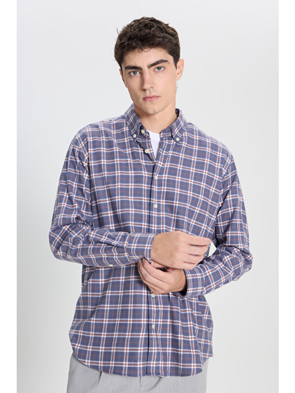 AC&Co / Altınyıldız Classics Erkek Antrasit-Kahverengi %100 Pamuk Comfort Fit Rahat Kesim Düğmeli Yaka Kareli Gömlek