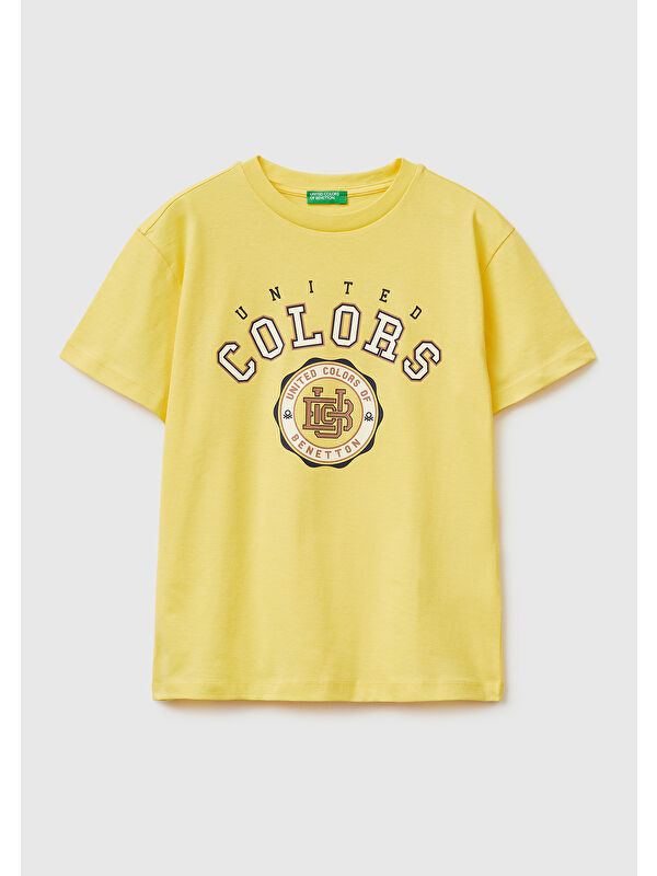United Colors Of Benetton Erkek Çocuk Sarı Önü Logo Baskılı Bisiklet Yaka T-Shirt