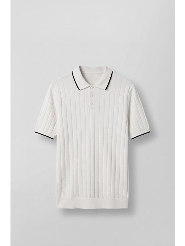 Abluka Online Erkek Relaxed Fit Pamuklu Havlu Polo Yaka Triko T-Shirt Ekru