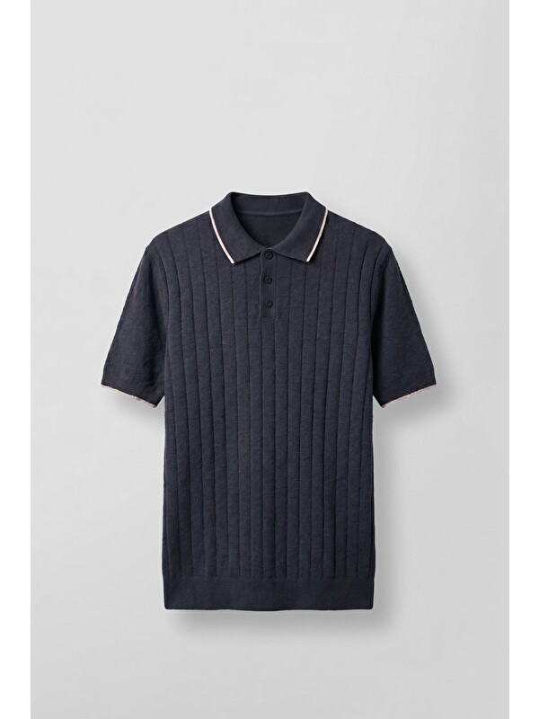 Abluka Online Erkek Relaxed Fit Pamuklu Havlu Polo Yaka Triko T-Shirt Lacivert