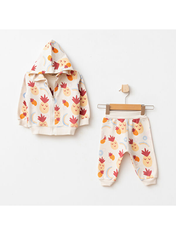 AZİZ BEBE Kız Bebek Ananas Desenli Sweatshirt Pantolon T-shirt 3'lü Alt Üst Bebek Takımı 3Ay - 36Ay