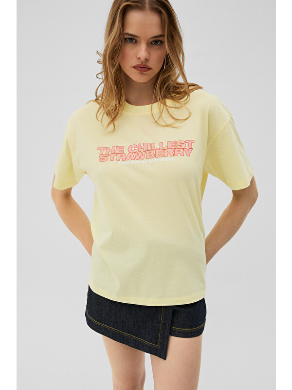 GRIMELANGE MOCHI Kadın %100 Organik Pamuklu Yuvarlak Yakalı Baskılı SARI T-Shirt