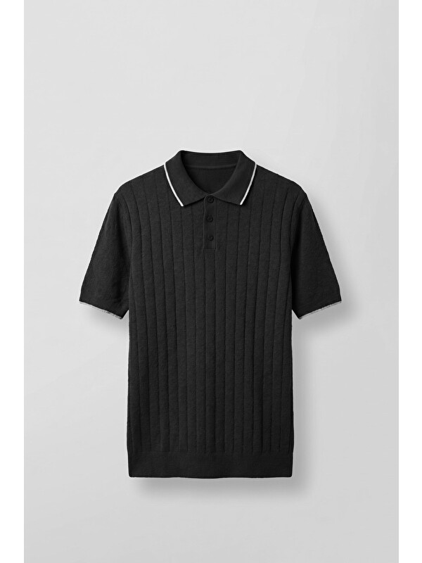 Abluka Online Erkek Relaxed Fit Pamuklu Havlu Polo Yaka Triko T-Shirt Siyah