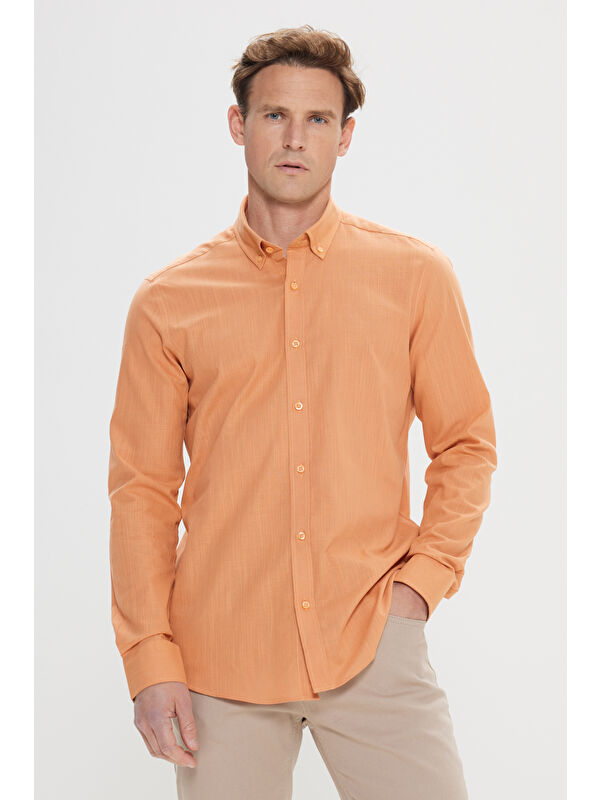 AC&Co / Altınyıldız Classics Erkek Kiremit %100 Pamuk Oxford Slim Fit Dar Kesim Düğmeli Yaka Flamlı Gömlek
