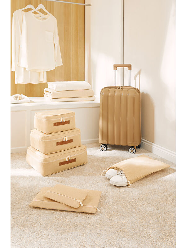 Ocean Home Textile 6'lı Jüt Keten Kumaş Bavul İçi Düzenleyici Set