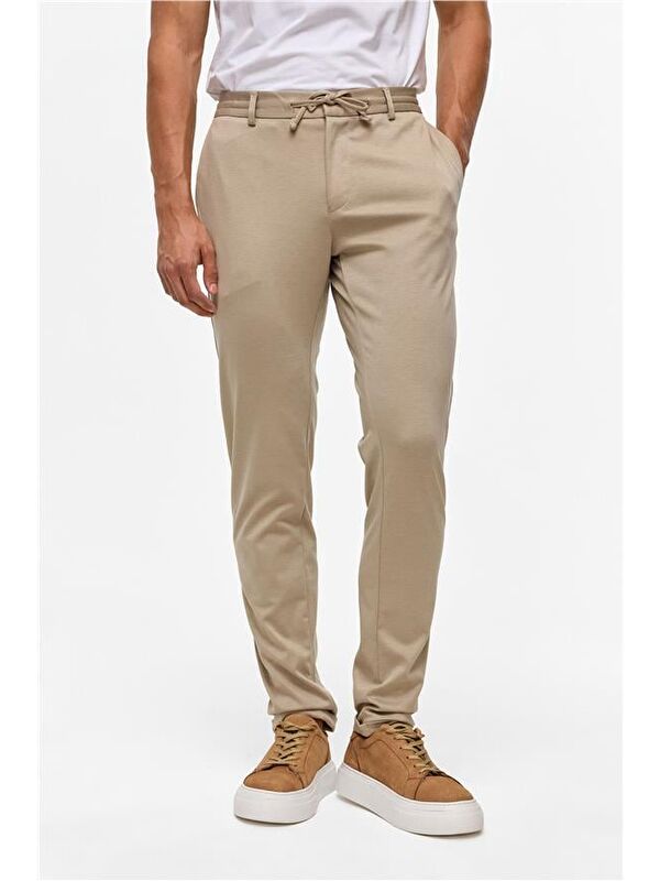 Süvari Bej Slim Düz Mono Yaka 6 Drop Jogger Pantolon