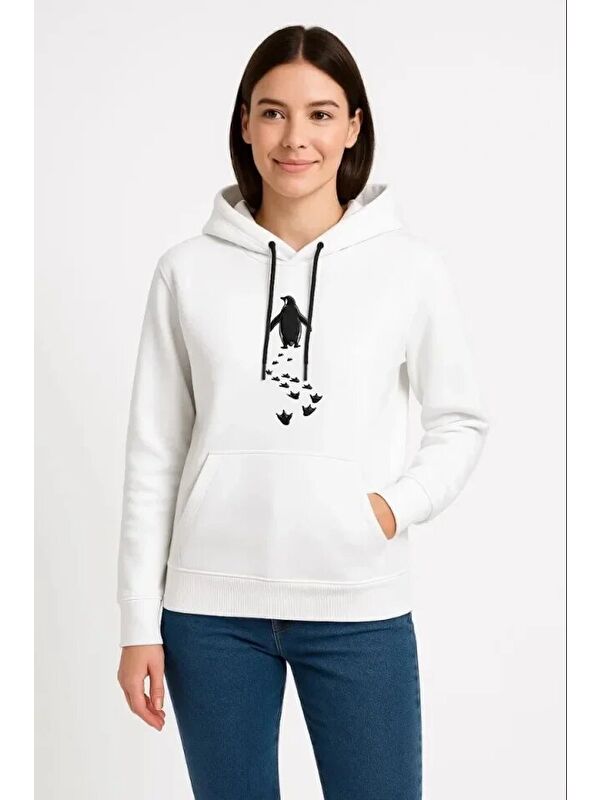 Jane's Nihilist Penguen Temalı Oversize Kapüşonlu Sweatshirt - Beyaz