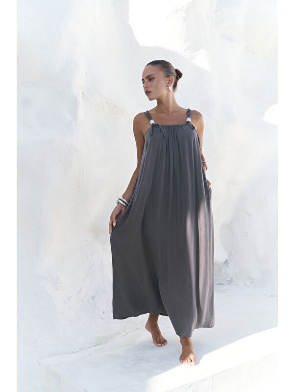 Mai Collection Kasteli Boncuk Detay Antrasit Elbise